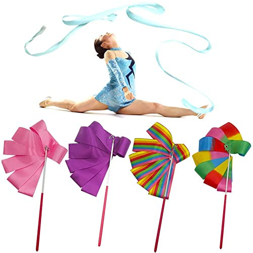 MaoNativey 4 Stück Tanzbänder, Gymnastikband Turnband Regenbogen Band Wirbelband Taktstock mit Twirling auf Stab, für Kinder, Fitnessstudio, Training, Zirkus, 2 m