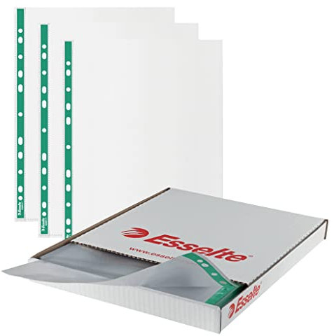 Esselte A4 Punched Pockets, 500 x Poly Pockets, 43 Micron Thickness, Embossed A4 Pockets With Punched Reinforced Green Spine, Ideal For Lever Arch Files & Ring Binders (Pack of 500), 628617
