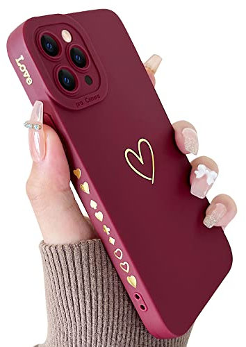 SmoBea Compatible with iphone 12 Pro Case, Cute Gold Heart Pattern Phone Case for Women Girls With Side Small Love Pattern Silicone Protective Shockproof Phone Case (Red)