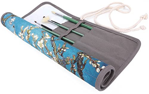 Amoyie Organiseurs pour Pinceaux de Peinture, Pochette Enroulable, Tousse de voyage de Toile pour aquarelle pinceaux, pinceaux Gouache et Huile, Bleu