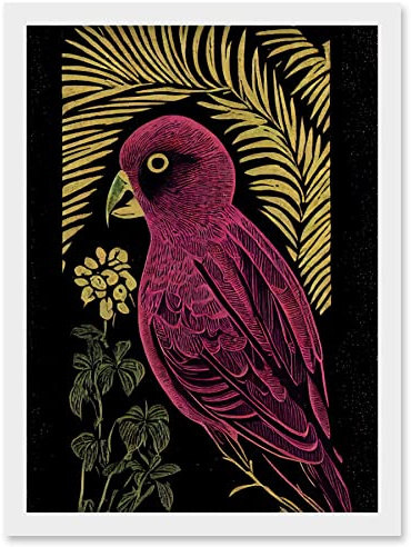 Wee Blue Coo Pink Parrot Bird Black Gold Tropical Plants Modern Vintage Linocut Illustration Artwork Framed Wall Art Print A4