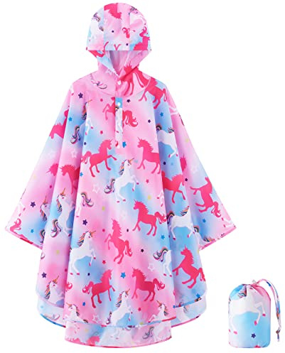 WAWSAM Abrigos Impermeables Niña Chubasqueros con Capucha para Niños Chubasquero Reutilizable Poncho Ligero de Unicornio para La Escuela Senderismo Viajar Camping (3-5 años, Rosa)