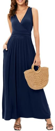 OUGES 2024 Womens Sleeveless V-Neck Wrap Summer Dress Black Maxi Dresses with Pockets(Black-3141,L)