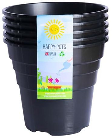 Happy Pots - 15cm Gloss Black - Pack of 5 Premium Plastic Plant Pots - Reusable Flower Pots for Indoor/Outdoor Home Décor Gardening - Round, Heavy Duty, UV Resistant, Recyclable - Made in UK