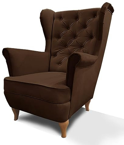 Mars Meble Ohrensessel aus Velours, Sessel mit Holzbeine, Wohnzimmersessel mit Wellenfedern, Elegant und Bequem (Stoff: Kronos 06 - braun)