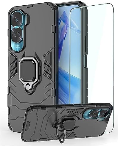 DERHAN Funda para Honor 90 Lite 5G, Fundas Resistentey Duradero con Cristal Templado, Carcasa Antigolpes Silicona TPU Bumper Case - Negro