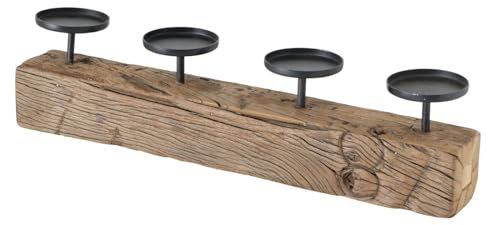 Kerzenleuchter Kerzenständer Solea aus Eisenbahnschwellenholz - mit 4 Kerzenhaltern - Schwarz Metall Naturfarben Recyceltes Holz Adventskranz Tischdekoration 50 x 7 x 13 cm