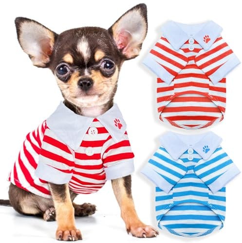 2 Pieces Stripe Dog T-Shirt Teacup Chihuahua Dog Clothes for Small Dogs Boy Yorkie Puppy Clothes XXS Blue+ Red