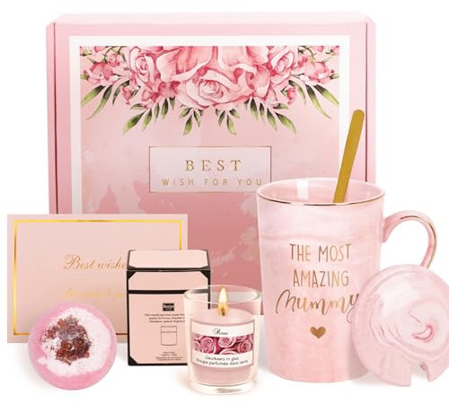 Joymaking Mummy Mug Gifts Coffee Mug Set Mummy Birthday Gifts for Mum with Scented Candle, Bath Ball- The Most Amazing Mummy - Mummy Gifts Birthday Christmas from Daughter Son, 14oz Pink