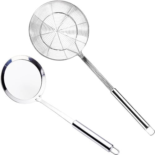 Schaumkelle Edelstahl,Spinnen Sieb,Feines Sieb Schaumlöffel,Spinnensieb Skimmerkelle,Schaum Löffel Filter Set,Geeignet zum Kochen,Braten,Dünsten und Schöpfen von Speisen in der Küche(14cm&Schaumkelle)