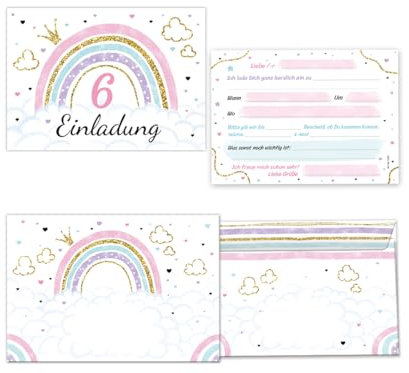 Minkocards 12 Einladungskarten incl. 12 Umschläge zum 6. Kindergeburtstag Mädchen Regenbogen Einladung sechste Geburtstag Mädchengeburtstag Geburtstagseinladungen