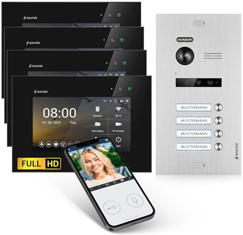 Balter EVO-HD Video Türsprechanlage, Video Türklingel, 4 familienhaus Klingel, 4X 7 Zoll HD Monitor, Full HD-Kamera, 2 Draht Bus, Gegensprechanlage mit 175° Weitwinkel-Kamera