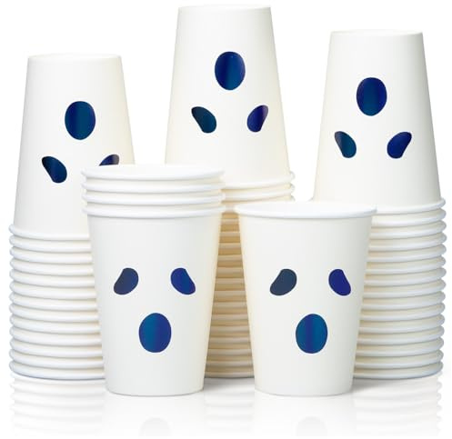 Halloween Disposable Paper Party Cups, Bulk 50 Pack, Leak-Proof, 355ml Hot and Cold Cups for Restaurants and Parties, Ghost Face