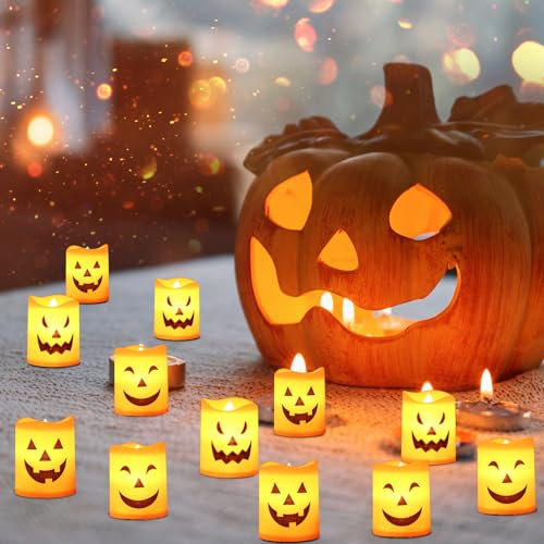 JINGTOPS 12 Stück Halloween Licht LED Teelichter,Deko Halloween Laterne Flammenlose Teelichtkerzen mit Geisterausdruck,Halloween LED Votivkerzen,Kürbis Windlicht,Halloween Beleuchtung Outdoor Indoor