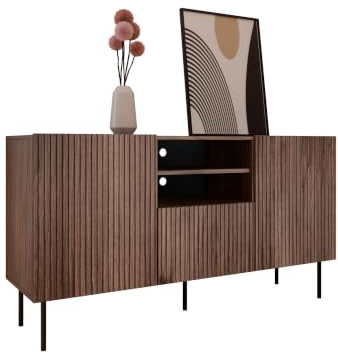 Mirjan24 Kommode Trigev 150 2D1S mit 2 Türen und Schublade (Nuss Warmia) | Grifflose Kombikommode mit 2 offenen und 4 geschlossenen Fächern, Soft-Close und Stahlfüßen
