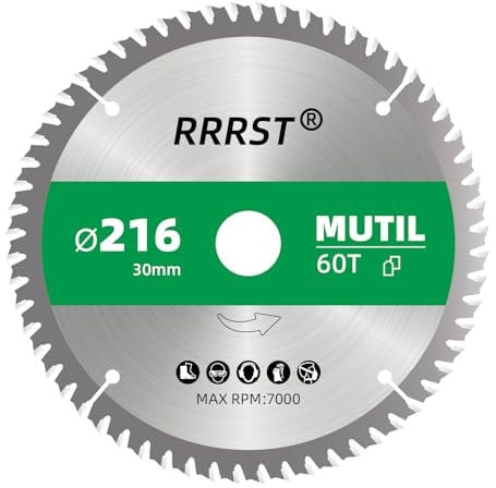 RRRST Sägeblatt Kreissägeblatt 216 x 30 mm, 60 Zähne - Multi Material Feinschnitt - für Aluminium, Kupfer, NE-Metalle, Holz, Sperrholz, Fußleisten, Laminat uvm