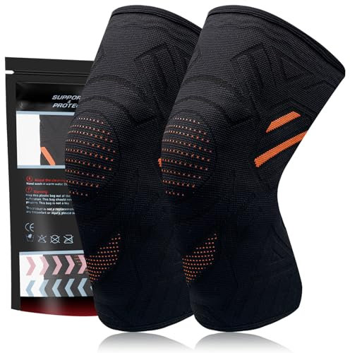 YOLONCE 2 Pcs Juego de rodilleras para mujer y hombre,Rodilleras Menisco y Ligamento,Rodilleras Gym Compresion,Rodillera Antideslizante de Compresión para liviar el Dolor en Articulaciones,Naranja,M