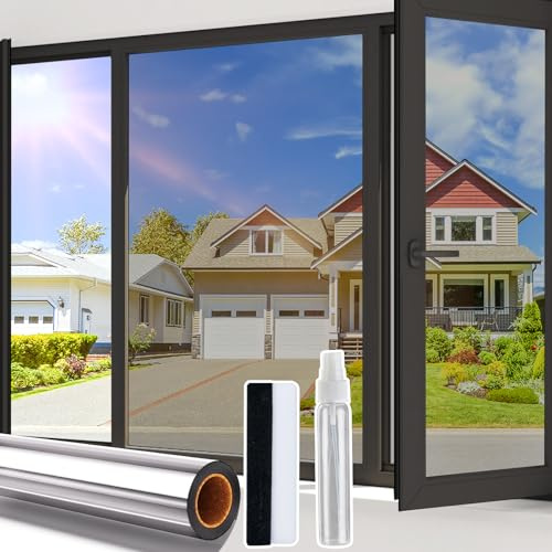 Beautysaid Heat Reflective Window Film Privacy One Way, Silver 44.5x400cm | Sun Blocker Mirror Window Tint With Tools, UV Solar Blocking Anti Glare Static Cling Tenant-friendly House Doors Home Cover