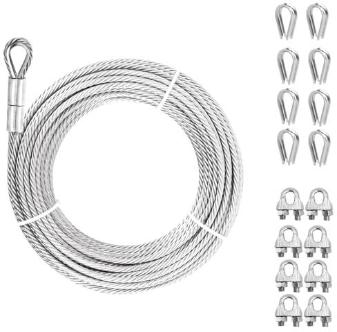 3/8 Steel Cable, Sunwuk 100Ft 7x19 Strand Aircraft Cable with Loops, 12000 Lbs Breaking Strength, Heavy Duty Wire Rope with Clamps and Thimbles for Zipline, Industrial, Towing, Winch Cable