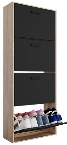 Casabel - Mueble zapatero de 24 pares - Estantería de gran capacidad para vestíbulo o pasillo - (ancho) 60 x (profundidad) 24 x (alto) 150 cm - Puertas negras con marco de madera clara