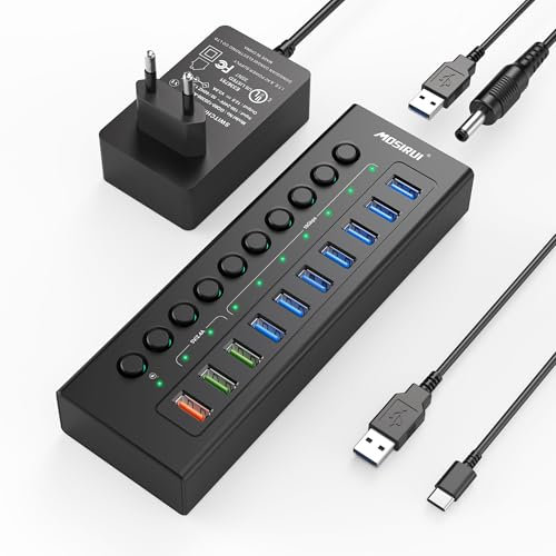 USB Hub aktiver 3,2 mit 36 W (12 V/3 A) Netzteil, 10 Anschlüsse 3,2-Hub mit 7 x 10 Gbit/s USB 3.2-Datenverbindungen, 3 Schnellladeanschlüsse und 2 x USB-Kabel, Aluminiumnabe für Laptop, PC
