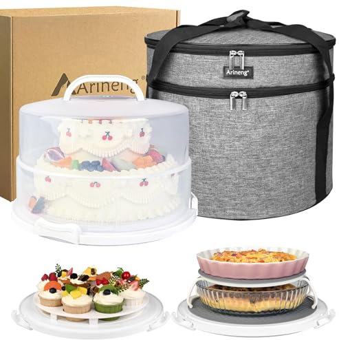 Arineng 12 Inch Cake Carrier with Lid & Handle BPA-Free Cake Transport Container, Includes Insulated Bag, Cupcake & Pie Holders for Secure Dessert Delivery (Fits 7 Tall Cakes) (Grey)