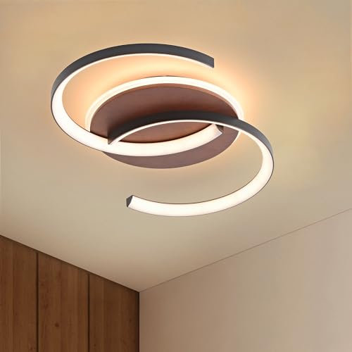 Meloweel LED Deckenleuchte Holz dimmbar, Walnuss schwarz „S“ 2-Ringe Modern Deckenlampe, 32W 50cm 3200lm 3000K-6000K mit Fernbedienung, Schlafzimmerlampe, Flurlicht, Memory-Funktion, 4W Nachtlicht