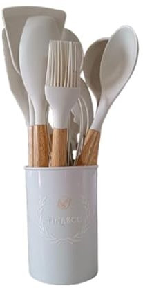 Juego de 12 Utensilios de Cocina Silicona con Mango de Madera - Kit de Cocina Completo de Menaje, Resistentes y Duraderos (Blanco Perlado)