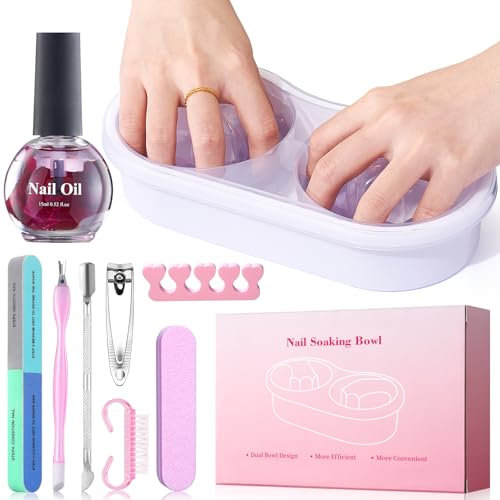 Yokilly Dual Nail Soak off Bowl: Acetone Acrylic Remover Kit - Soak Off Bowls for Gel Nail Polish Dip Powder Cuticle Remover - Nail Soaking Manicure Bowl with 15ml Rose Cuticle Oil for Salon Home