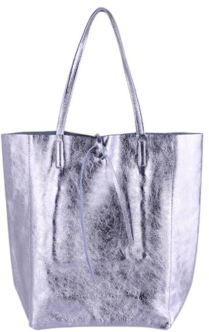 MIRROSI Shopper Damen aus Echtleder – Made in Italy – Henkeltasche & Tragetasche 38x38x16 cm – Einkaufstasche in vielen trendigen Farben – passt für A4-Ordner (Metalic Flieder)