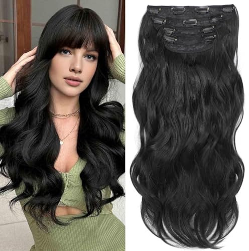 Clip in Extensions, 4 Stück lange Gewellte Clip in Haarverlängerungen, Synthetische Gewellte Haarverlängerungen mit Clips, Synthetische Clip in Perücke für Damen (1B#, 20 Zoll)