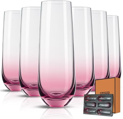 GLAZVIA Stemless Champagne Flutes Glasses Set of 6, Elegant Pin Colored | 10oz, Unique Pin Champagne Flute Gift for Wedding, Anniversaries, Parties, Birthday, Restaurant, Home Bar