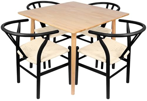 Nicholas Winter Wooden Wishbone Dining Set of Table & 4 Chairs - 90cm x 90cm - Black/Natural - 5pc 4 Seater Solid Wood Square Kitchen Dining Room Breakfast Table and Chairs Bistro Dinner Furniture