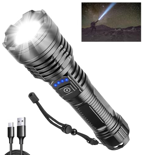 DXHGHYGL Torcia LED Potente Professionale 500.000 Lumen Super Luminosa,Ricaricabile con Batteria e Cavo USB, Torcia Portatile Potente, 5 Modalità per Per Campeggio Trekking Emergenza