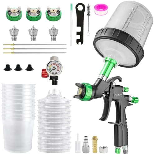A610 LVLP Kit de pistolet à peinture automobile avec gobelet de mélange de 650 ml et 10 gobelets jetables, buses de 1,3/1,5/1,7 mm, pistolet à peinture de voiture pour peinture de maison, meubles