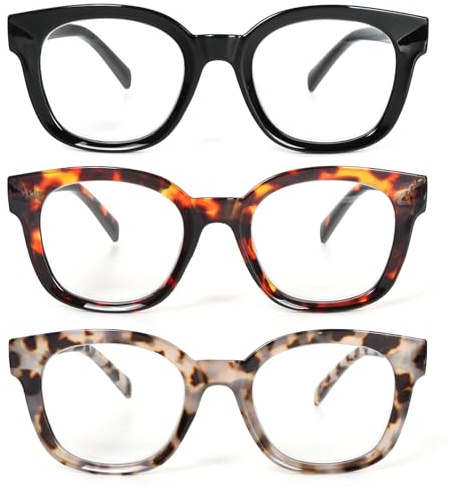 MMOWW 3 Pack Oversized Reading Glasses for Women Blue Light Blocking Computer Readers with Round Frame
