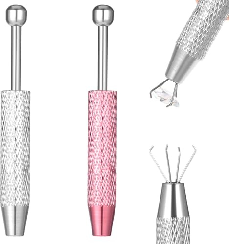Piercing Ball Grabber, 2 Pcs Mini Stainless Steel Piercing Ball Screw Tool 4 Prongs Claw Tweezers for Changing Jewelry, Pick up Tiny Objects IC Chips Electronic Components (Pink, Silver)