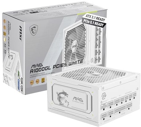 MSI MAG A1000GL PCIE5 - Fuente de alimentación compacta totalmente modular para juegos de 1000 W, 80+ Gold, ATX 3.1 y PCIe 5.1, cable nativo de doble color 12V-2x6, cables de cubierta en relieve, bajo