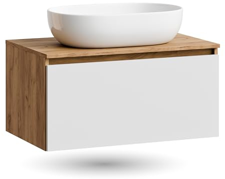 Planetmöbel Arisa Badmöbel Set Waschtisch 80 cm Gold Eiche weiß, Waschbecken 60 cm weiß, inkl. Raumsparsiphon