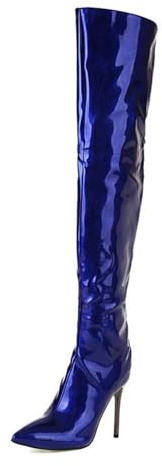 Qynthra Stivali di Moda Donna Metallizzato Pelle Verniciata Alto Coscia Punta Accuminata Tacco a Spillo Slim sopra Il Ginocchio Stivali per Festival Feste Look Serali,Blu,35 EU