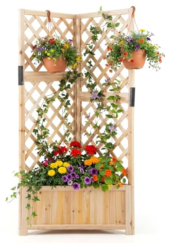 COSTWAY Jardinière avec Treillis en Bois avec Trou de Drainage (Naturel) | Bac à Fleurs Surélevé pour Plante Grimpante Vigne Fleurs Légumes, Lit de Jardin Angles de 90°
