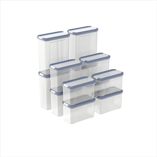 Rotho DOMINO Vorratsdosen 12-Set mit Streu- und Schüttdeckel 3 Größen Blau | Transparente Vorratsdosen für Trockenvorräte, Streu- und Schüttdeckel, dicht schließend, 12-teiliges Set in 3 Größen