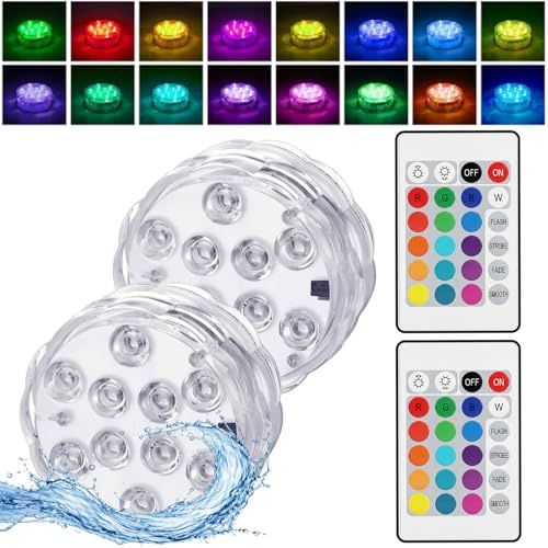 2pcs Unterwasser Licht mit 2 Fernbedienung, Poolbeleuchtung Wasserdicht RGB | Unterwasser Farbwechsel LED Pool Licht 16 Farben für Whirlpool, Teichbeleuchtung, Aquarium, Badewanne, Vase, Party Deko