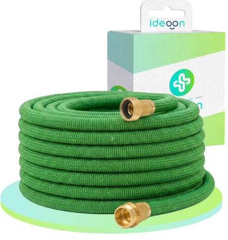 Ideoon Dehnbarer Gartenschlauch 10 bis 30m mit Alu-Anschlüssen, Flexibler Wasserschlauch UV-beständig, 3-fache Ausdehnung, 3/4 Zoll Gold-Aluminium Gewinde