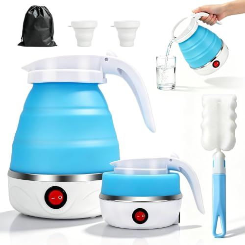 BIZOI Hervidor de Agua Plegable, 600 ml Mini Hervidor Eléctrico de Silicona Portátil, Pequeño Plegable de Viaje con 2 Vasos Plegables, Cepillo y Bolsa de Almacenamiento para Camping Viajes Senderismo
