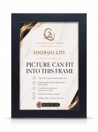 100x90cm Black Wood Effect Picture Frame with Clear Perspex Front – Handmade Large Photo Frame for Wall Mount – Poster Frame for Landscape or Portrait Display.