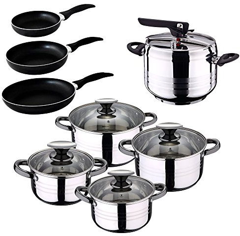 San Ignacio - Batería de cocina 4 cacerolas 4 tapas de vidrio 1 Olla exprés 16/20/24, Acero inoxidable, inducción, Batería + Express 5 Litros + 3 sartenes