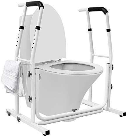 Froadp Mobile Aufstehhilfe Toiletten, Höhenverstellbar WC Toiletten Stützgestell mit Ablagekorb, Griffstangen für das Bad, Haltegriff Belastbar bis 200 KG