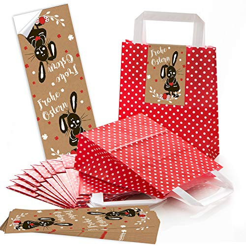 Logbuch-Verlag 25 rot weiß gepunktete Ostertüten 18 x 8 x 22 cm mit Frohe Ostern Aufkleber - Osternest Geschenkverpackung