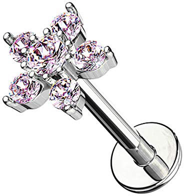Piercingfaktor Piercing Stab mit Kristall Blume Lippe Ohr Labret Tragus Helix Knorpel Stecker Lippenpiercing Ohrpiercing 6mm Silber Rosa